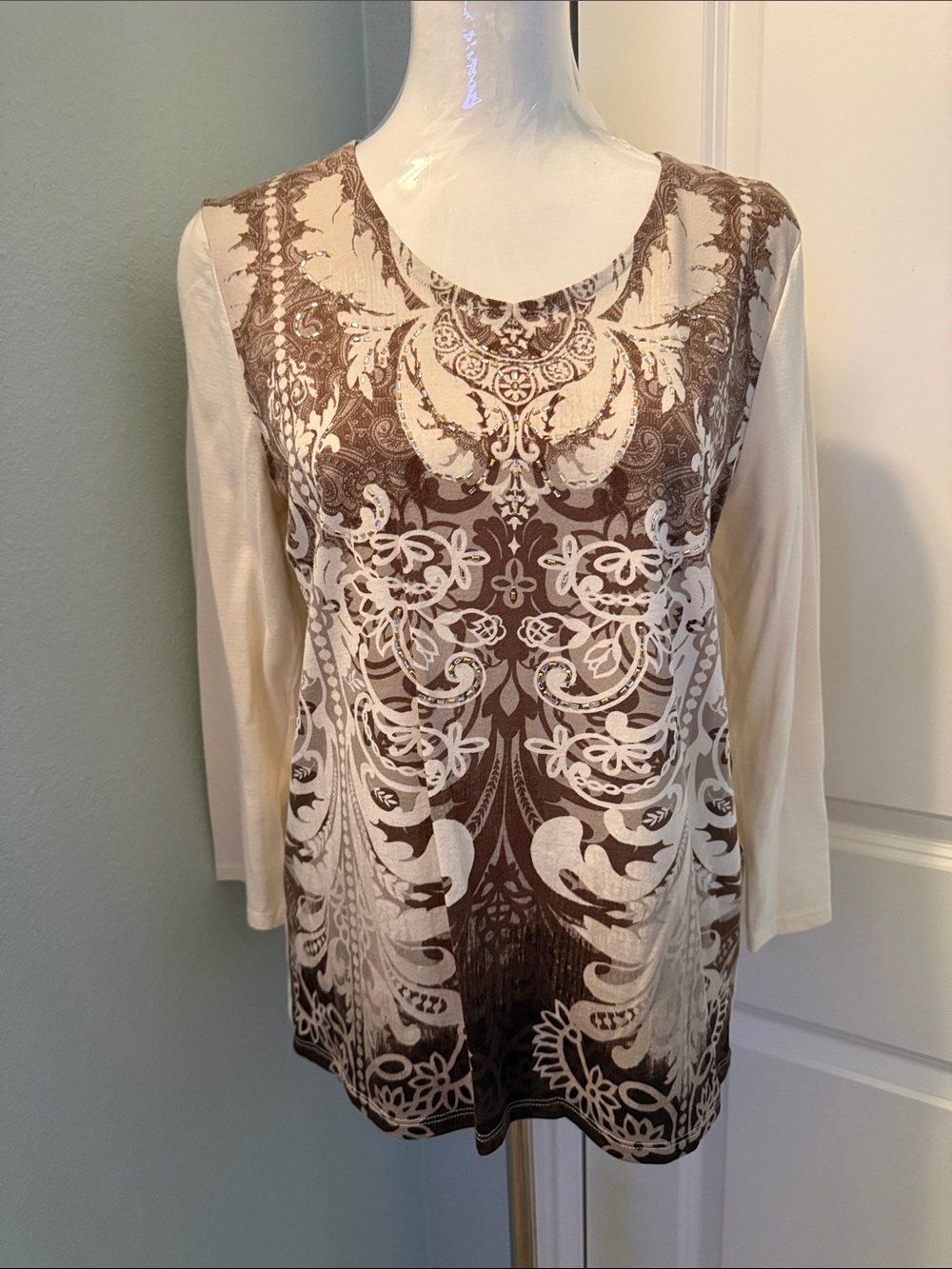 Cream and Brown Ornate Print 3/4 Sleeve Women's blouse